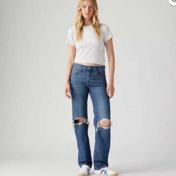 Levi's Denim - Levi's Low Pro Breathe Out Medium Wash Ripped Knee Straight Jeans Size 25